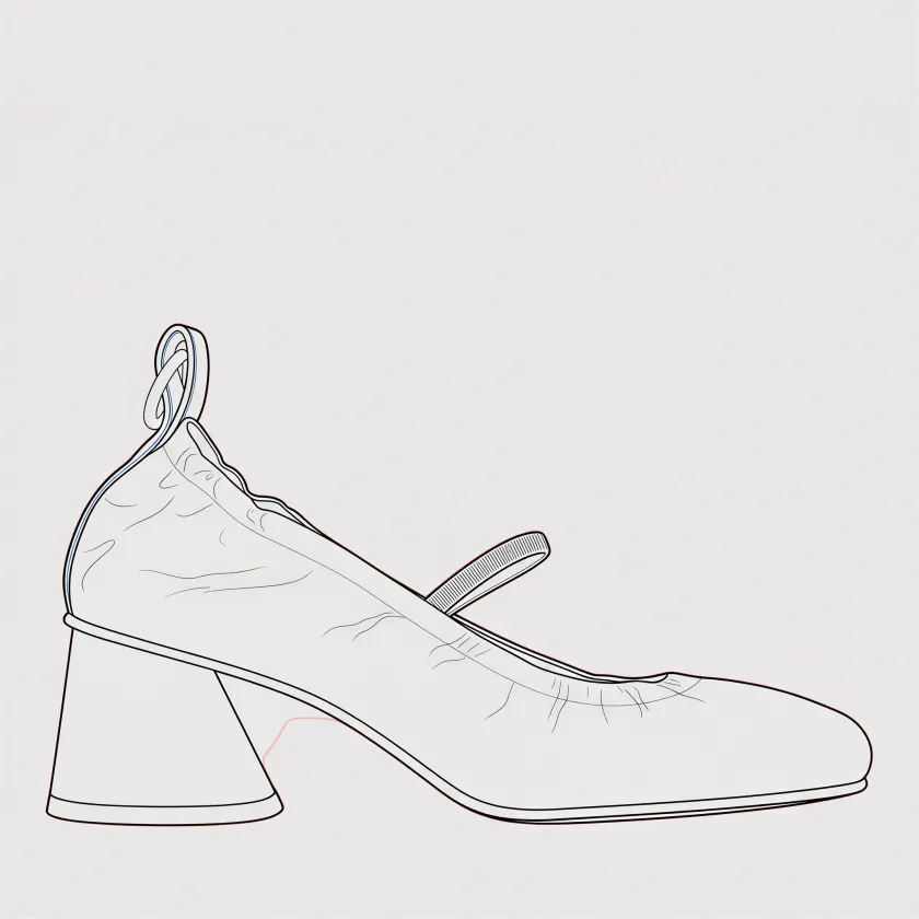 Line drawing sketch of a Mary Jane pump with a block heel